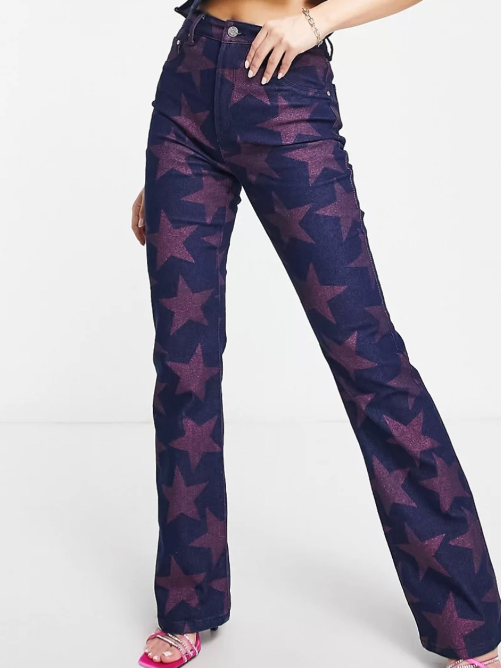 NWT AFRM Navy Denim Bootcut Pants Purple Star Huxley festive rocker chic 30